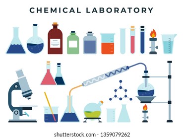 Equipo químico de formación o de laboratorio de investigación, conjunto de iconos planos. Matraz, lámpara espirituosa, tubo de ensayo, microscopio, reactivos, vaso de precipitado, productos químicos. Ilustración química, científica, educativa vectorial.