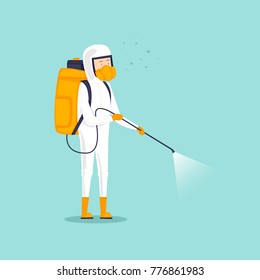 Chemical Treatment Insects. Man In Uniform With Face Mask Spray Pesticides. Flat Design Vector Illustration.