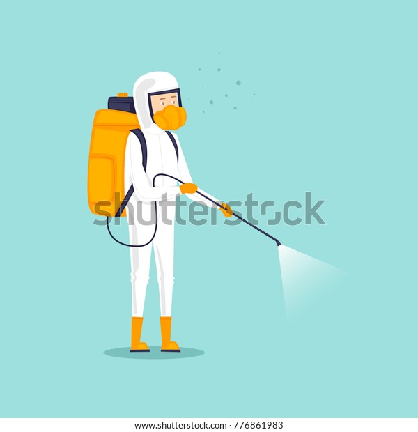 Chemical treatment\
insects. Man in uniform with face mask spray pesticides. Flat\
design vector\
illustration.