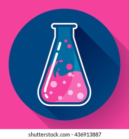 Chemical triangular lab flask with liquid icon. Flat design style