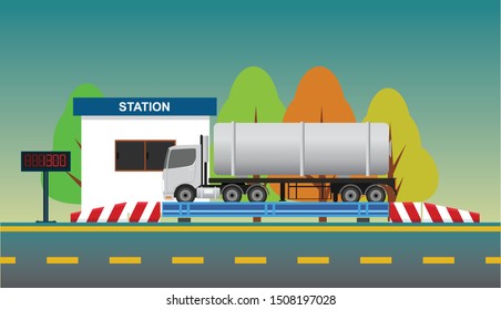 Chemical truck On the weighing scale at the checkpoint. Before and after transport operations.