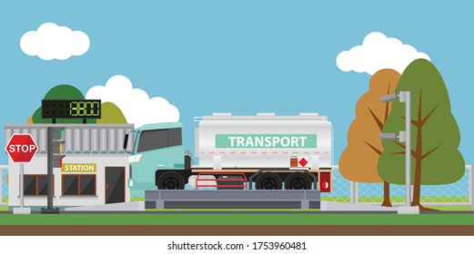Chemical truck On the weighing scale at the checkpoint. Before and after transport operations.