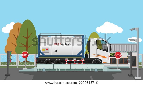 Chemical trucks well protected steel structure\
packaging. on the weighing scale. Control station building on the\
front. With traffic light elements. stop sign and surveillance\
cameras on high\
poles.