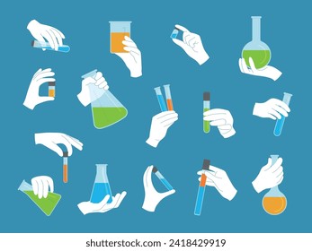 Chemical tubes. Hands in gloves holding medical flasks chemical bottles and different measuring tools recent vector flat pictures