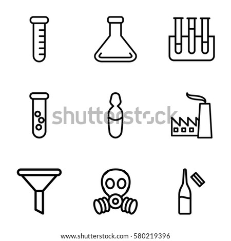 chemical vector icons. Set of 9 chemical outline icons such as ampoule, test tube, medical ampoule, factory, gas mask