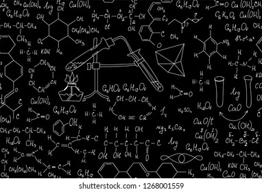 Chemical vector seamless background with handwritten chemistry equations, formulas and lab equipment