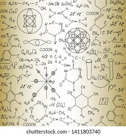 Chemical vector seamless background with handwritten chemistry equations, formulas and plots