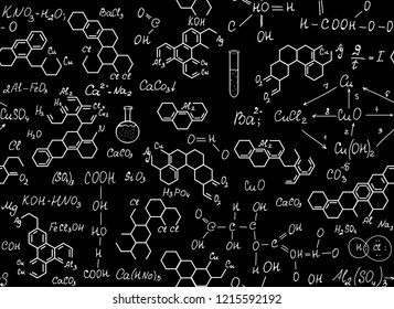 Chemical vector seamless pattern with handwritten chemistry formulas. Scientific endless educational background