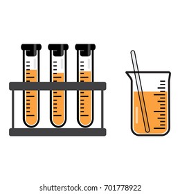 Chemical vessels and  flasks with an orange liquid. Vector illustration