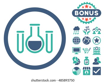 Chemical Vessels icon with bonus symbols. Vector illustration style is flat iconic bicolor symbols, cobalt and cyan colors, white background.