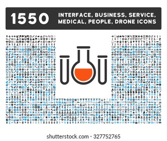 Chemical Vessels and other web interface, business tools, people poses, medical service vector icons. Style is flat symbols, bicolored, rounded angles, white background.