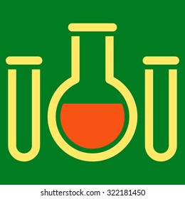 Chemical Vessels vector icon. Style is bicolor flat symbol, orange and yellow colors, rounded angles, green background.