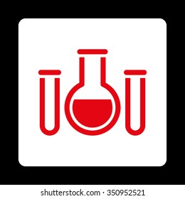 Chemical Vessels vector icon. Style is flat rounded square button, red and white colors, black background.