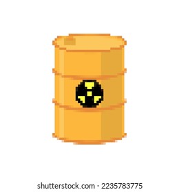 Chemical waste barrel pixel art. 8 bit Toxic refuse keg. pixelated Radioactive garbage emissions 