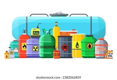 Chemical waste container. Hazard chemical liquid in row line. Chemical waste hazard drum. Toxic container set. Danger radioactive substance. Flammable material. Compressed gas and oil safety tank