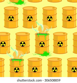 Chemical waste dump. Seamless pattern with barrels of biohazard. Vector background of yellow barrels of green acid.
