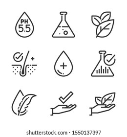 Chemically tested related, bold line icons. The illustrations are about, skin, dermatology, cosmetics, allergy, ph values.