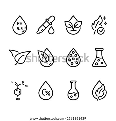 Chemically tested related, bold line icons. Organic cosmetics icon. Eco friendly cruelty free line badges for beauty products and vegan food.