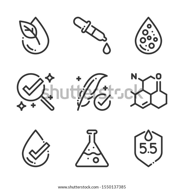 Chemically\
tested related, bold line icons. The illustrations are about, skin,\
dermatology, cosmetics, allergy, ph\
values.