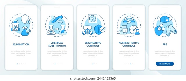 Pantalla de aplicación móvil de incorporación azul de control administrativo de productos químicos. Tutorial 5 pasos: instrucciones gráficas editables con conceptos lineales. UI, UX, plantilla GUI. Myriad Pro-Bold, Fuentes regulares utilizadas