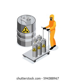 Chemicals composition with worker in chemical protection suit carrying trolley with nuclear radioactive fuel in vessels vector illustration