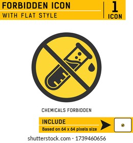 Chemicals forbidden premium icon with flat style isolated on white background. Forbidden sign with chemical test tube vector illustration concept design template for graphic, app, healthcare and print