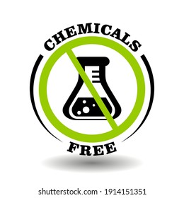 Chemicals free vector stamp for product packaging symbol. Round prohibited sign with chemical flask icon isolated on white