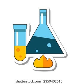 Chemicals in laboratory test tubes flat paper sticker. Laboratory equipment heating over alcohol burner to speed up reactions isolated on white background. Analyzes and experiments, science concept