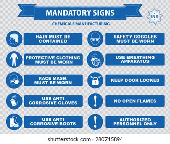 Chemicals Manufacturing Mandatory Signs (face shield must be worn, use anti bacterial hand, laboratory coal, foot wash, respirator, breathing apparatus, gloves, boots, hair, clothing, anti corrosive)