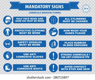 Chemicals Manufacturing Mandatory Signs (face shield must be worn, use anti bacterial hand, laboratory coal, foot wash, respirator, breathing apparatus, gloves, boots, hair, clothing, anti corrosive)