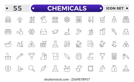 Chemicals outline icons - flask, lab tube, scientist, dropper, petri dish, beaker, experiment, education, biotechnology. Thin line art about laboratory research. 
