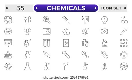 Chemicals outline icons - flask, lab tube, scientist, dropper, petri dish, beaker, experiment, education, biotechnology. Thin line art about laboratory research. 
