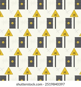 Ilustración de patrón de productos químicos. Un patrón repetitivo de barriles y señales de advertencia con cráneos y huesos cruzados