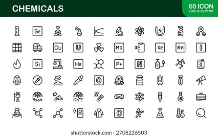 Conjunto de iconos de línea de Profesional de laboratorio de Ciencia de productos químicos: símbolos de Vector mínimos modernos para investigación y laboratorio