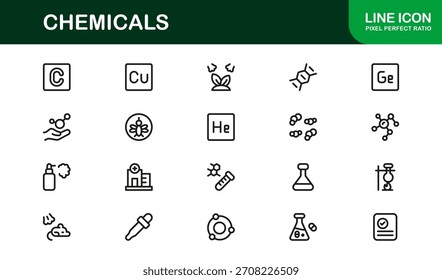 Conjunto de iconos de línea de Profesional de laboratorio de Ciencia de productos químicos: símbolos de Vector mínimos modernos para investigación y laboratorio