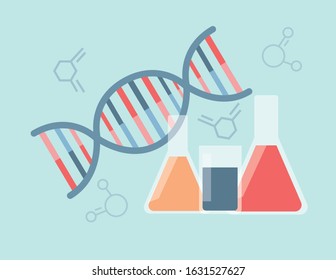 Chemicals used in experiment for DNA engineering in laboratory. Science development concept. Flat vector illustration.