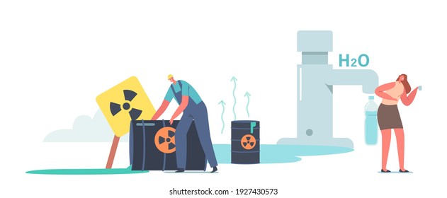 Chemicals in Water, Pollution Concept. Tiny Female Character Drink Water at Huge Tap with Dripping Aqua, Worker Pouring Toxic Liquid Waste from Barrels to River or Pond. Cartoon Vector Illustration