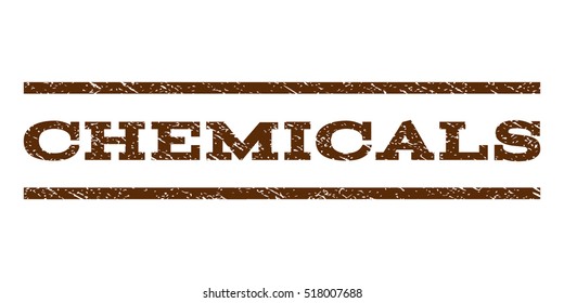 Chemicals watermark stamp. Text caption between horizontal parallel lines with grunge design style. Rubber seal stamp with unclean texture. Vector brown color ink imprint on a white background.