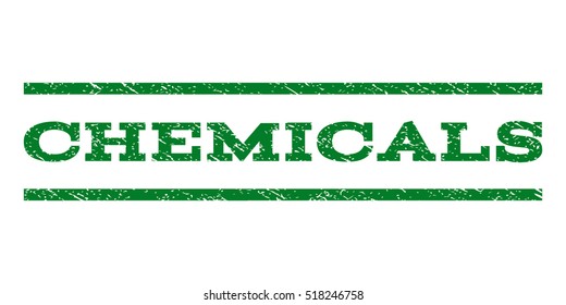 Chemicals watermark stamp. Text caption between horizontal parallel lines with grunge design style. Rubber seal stamp with dirty texture. Vector green color ink imprint on a white background.