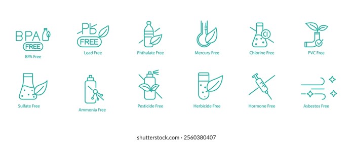 Chemical-Safe and Non-Toxic Icon Set – BPA, Lead, phthalate, Mercury, Chlorine, PVC, Sulfate, Ammonia, Pesticide, Herbicide, Hormone, and Asbestos Free Vector Icons