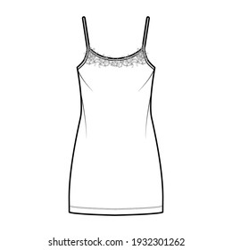 Chemise dress Sleepwear Pajama technical fashion illustration with mini length, lace, oversized, scoop neck cami, trapeze silhouette. Flat front, white color style. Women, men unisex CAD mockup