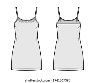 Chemise dress Sleepwear Pajama technical fashion illustration with mini length, lace, oversized, scoop neck cami, trapeze silhouette. Flat front back, grey color style. Women, men unisex CAD mockup