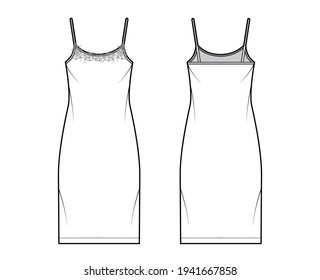 Chemise dress Sleepwear Pajama technical fashion illustration with knee length, lace, oversized, scoop neck cami, trapeze silhouette. Flat front back, white color style. Women, men unisex CAD mockup