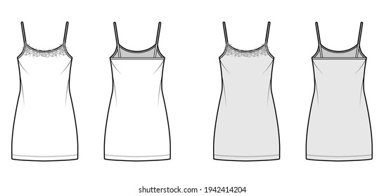 Chemise dress Sleepwear Pajama technical fashion illustration with mini length, lace, oversized, scoop neck cami, trapeze silhouette. Flat front back, white, grey color. Women, men unisex CAD mockup