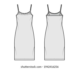 Chemise dress Sleepwear Pajama technical fashion illustration with knee length, lace, oversized, scoop neck cami, trapeze silhouette. Flat front back, grey color style. Women, men unisex CAD mockup