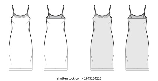 Chemise dress Sleepwear Pajama technical fashion illustration with knee length, lace, oversized, scoop neck cami, trapeze silhouette. Flat front back, white, grey color. Women, men unisex CAD mockup