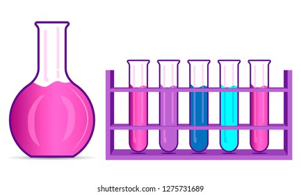 Chemisrty Flask and Beaker Set. Flat Illustration. Chemical Sciense Laboratory Equipment. Scientific Test Research and Analysis. Pharmaceutical Infographic Biotech Microbiology Process.