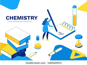 Chemisrty learning isometric landing page, laboratory research template, blue, yellow line art illustration, school lesson concept, chemical lesson learning, vector illustration