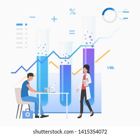 Chemist and assistant working in lab against tubes and charts vector illustration. Medicine, pharmacy, science. Chemistry concept. Creative design for layouts, web pages, banners