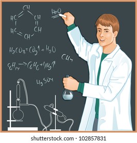 Chemist at blackboard. Vector image of a man with retort in hands, who writes chemical reactions on the background